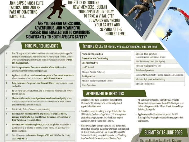SAPS Special Task Force Recruitment 2026/2027 (Selection 40) – Apply Before 12 June 2026